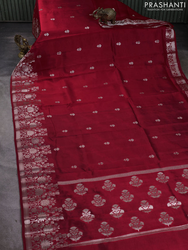 Banarasi poona silk saree red and green with zari woven buttas and floral design zari woven border