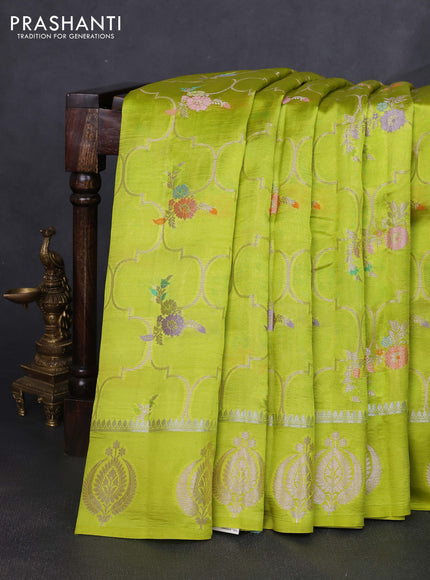 Banarasi poona silk saree fluorescent green and purple with allover thread & zari weaves and zari woven butta border