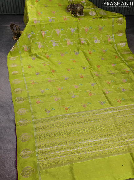 Banarasi poona silk saree fluorescent green and purple with allover thread & zari weaves and zari woven butta border