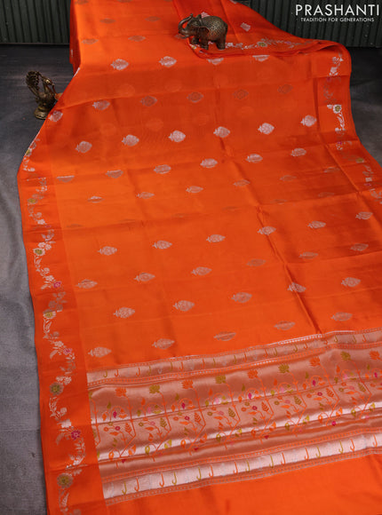 Banarasi poona silk saree orange with zari woven buttas and zari woven border