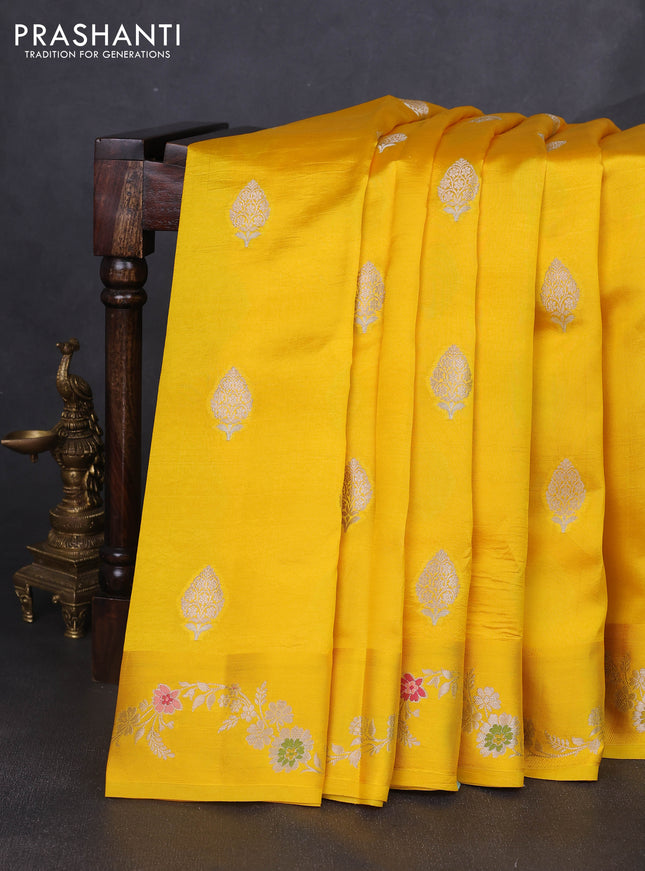 Banarasi poona silk saree yellow with allover zari woven buttas and zari woven border