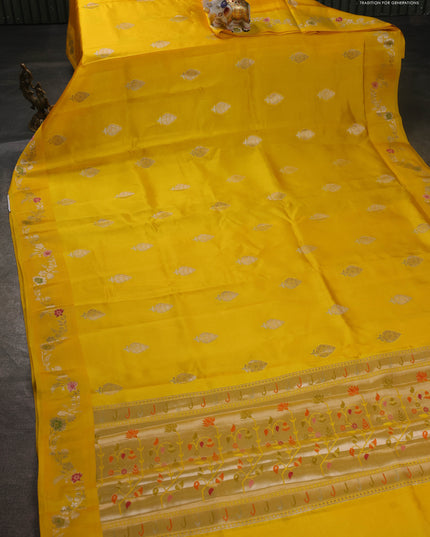 Banarasi poona silk saree yellow with allover zari woven buttas and zari woven border