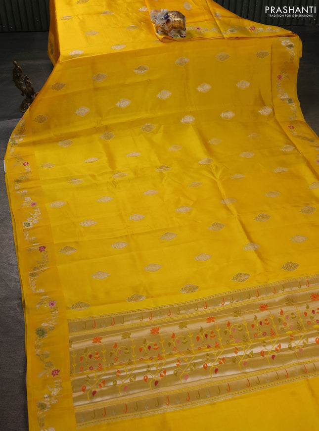 Banarasi poona silk saree yellow with allover zari woven buttas and zari woven border