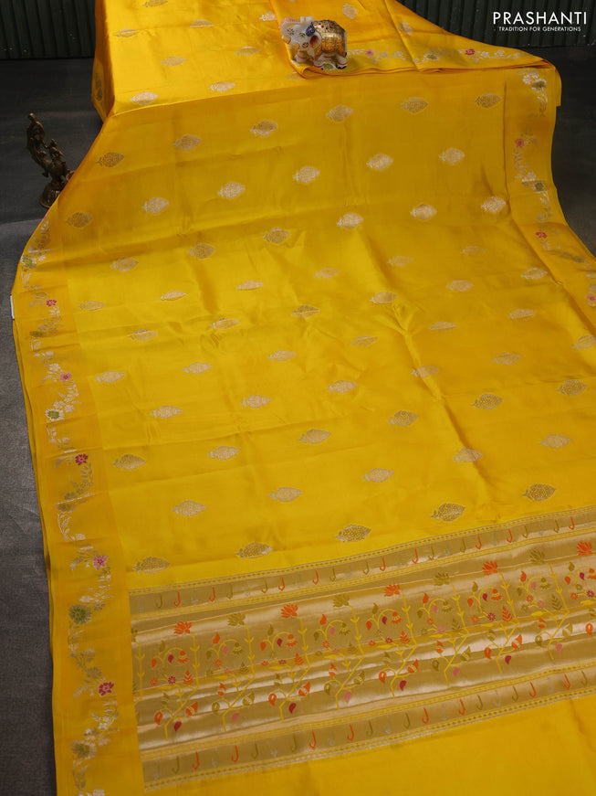 Banarasi poona silk saree yellow with allover zari woven buttas and zari woven border