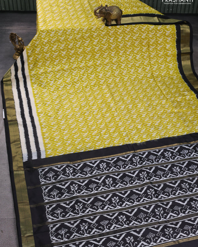 Pochampally silk saree lime green and black with allover ikat weaves and zari woven border