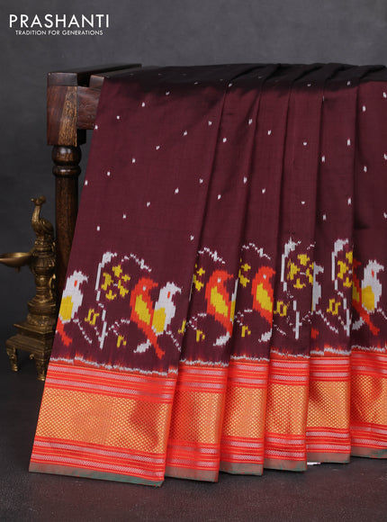 Pochampally silk saree deep maroon and orange with allover ikat butta weaves and zari woven border