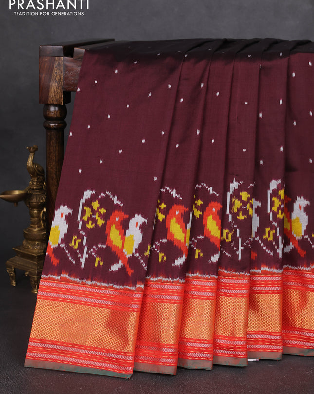 Pochampally silk saree deep maroon and orange with allover ikat butta weaves and zari woven border