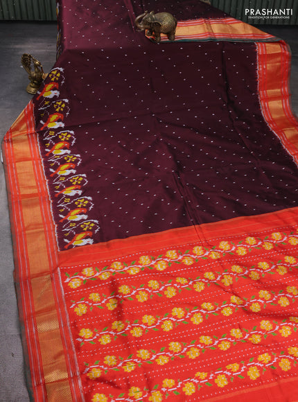Pochampally silk saree deep maroon and orange with allover ikat butta weaves and zari woven border