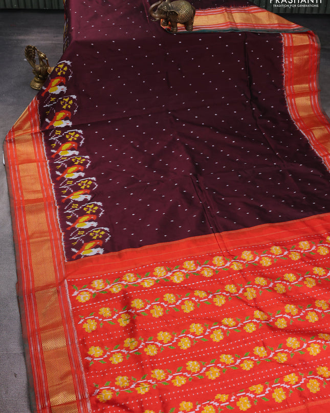 Pochampally silk saree deep maroon and orange with allover ikat butta weaves and zari woven border