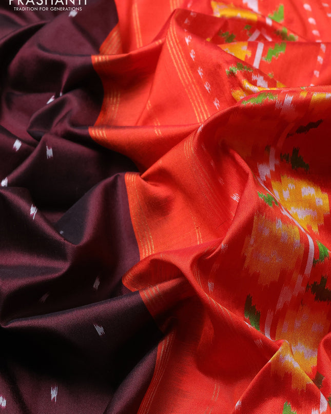 Pochampally silk saree deep maroon and orange with allover ikat butta weaves and zari woven border