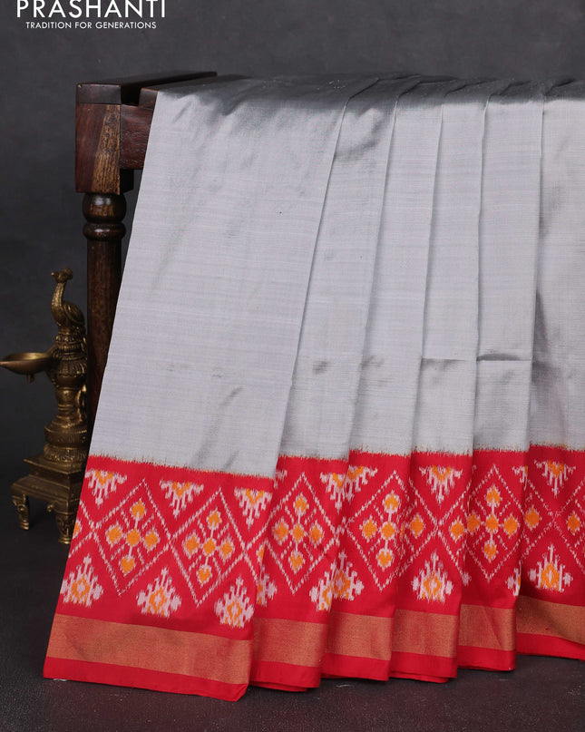Pochampally silk saree grey and red with plain body and long ikat woven zari border