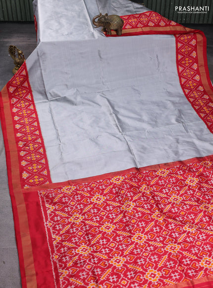 Pochampally silk saree grey and red with plain body and long ikat woven zari border