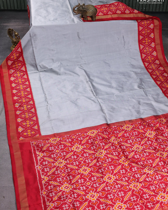 Pochampally silk saree grey and red with plain body and long ikat woven zari border