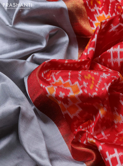 Pochampally silk saree grey and red with plain body and long ikat woven zari border