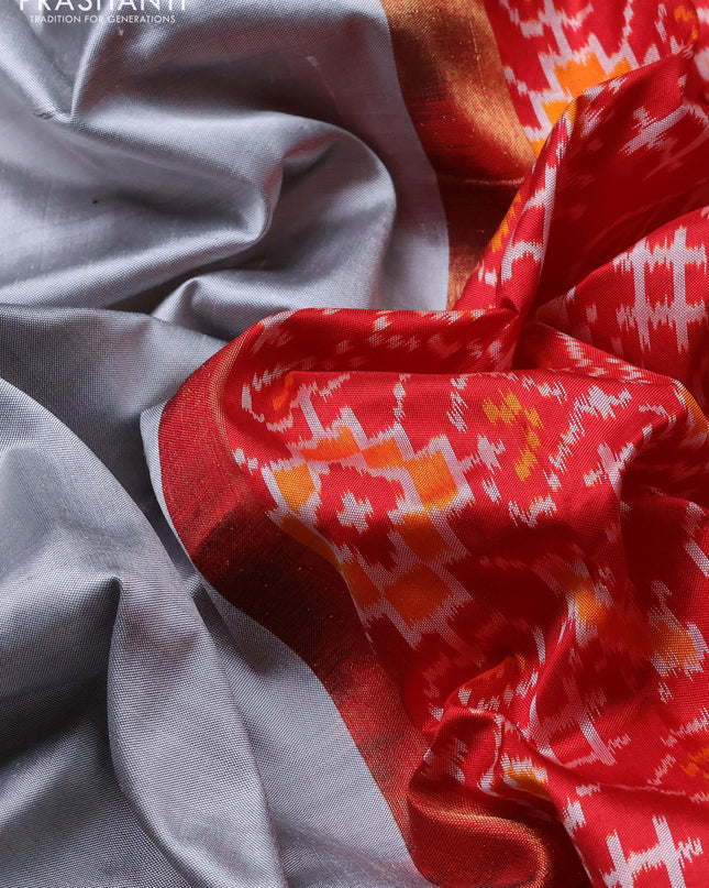 Pochampally silk saree grey and red with plain body and long ikat woven zari border