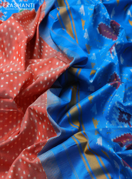 Pochampally silk saree rustic orange and cs blue with allover ikat butta weaves and long ikat woven simple border
