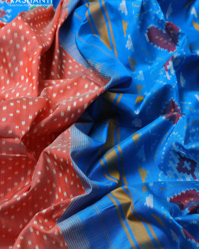 Pochampally silk saree rustic orange and cs blue with allover ikat butta weaves and long ikat woven simple border