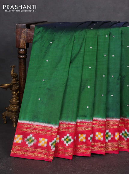Pochampally silk saree green and pink with thread woven buttas and zari woven ikat border