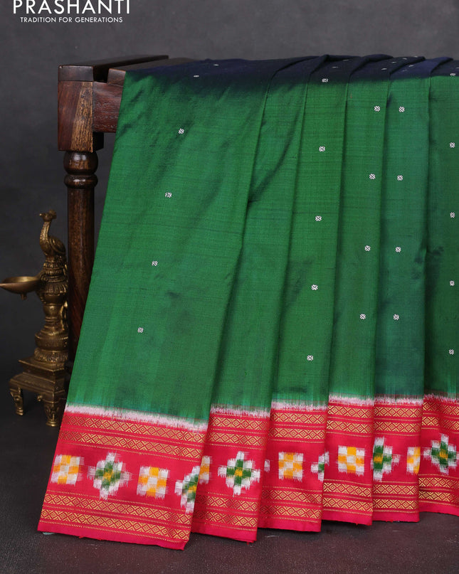 Pochampally silk saree green and pink with thread woven buttas and zari woven ikat border