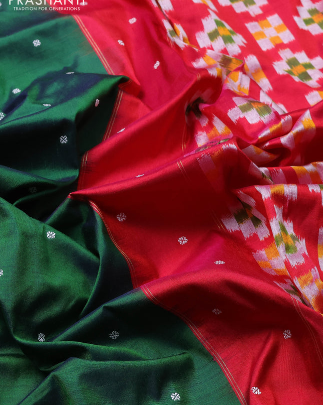 Pochampally silk saree green and pink with thread woven buttas and zari woven ikat border