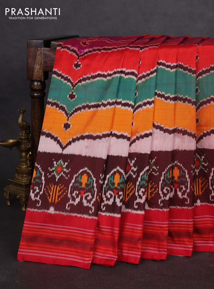 Pochampally silk saree multi colour and red with allover ikat weaves and rettapet border