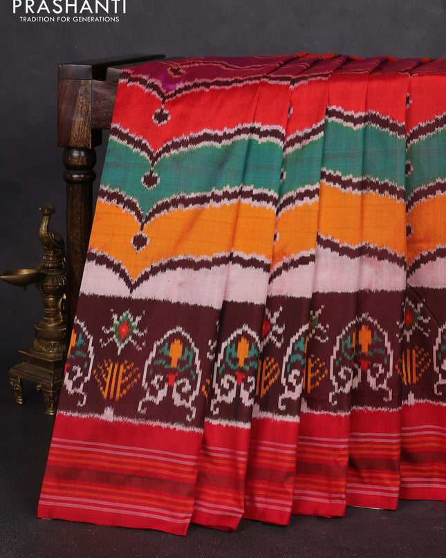 Pochampally silk saree multi colour and red with allover ikat weaves and rettapet border