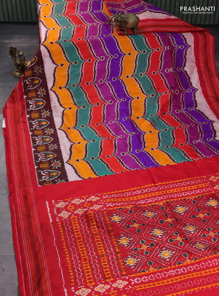 Pochampally silk saree multi colour and red with allover ikat weaves and rettapet border