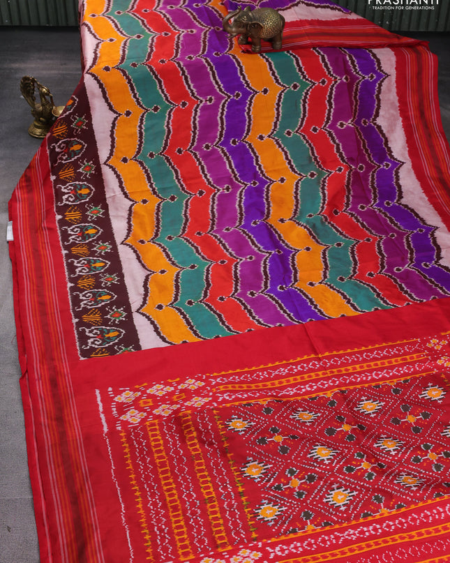 Pochampally silk saree multi colour and red with allover ikat weaves and rettapet border
