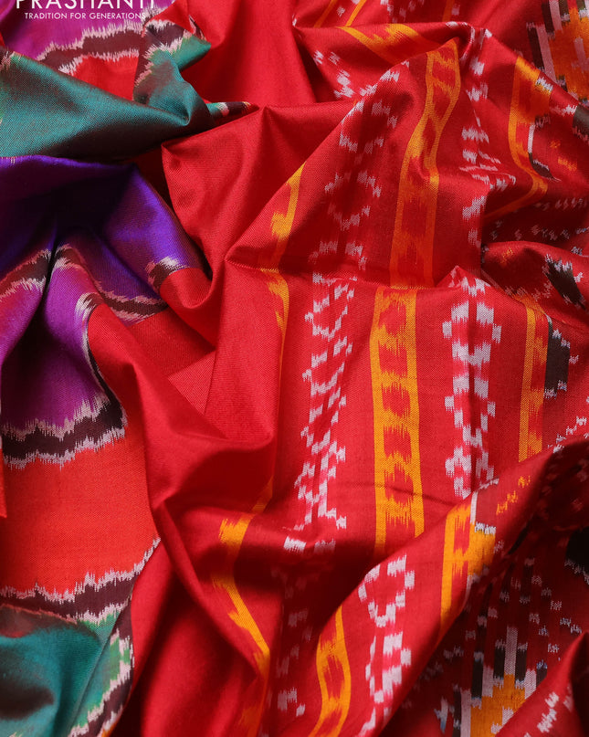 Pochampally silk saree multi colour and red with allover ikat weaves and rettapet border