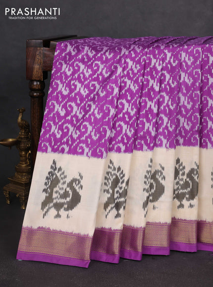 Pochampally silk saree purple and cream with allover ikat weaves and long ikat woven zari border