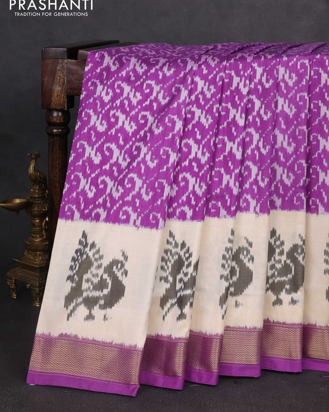 Pochampally silk saree purple and cream with allover ikat weaves and long ikat woven zari border