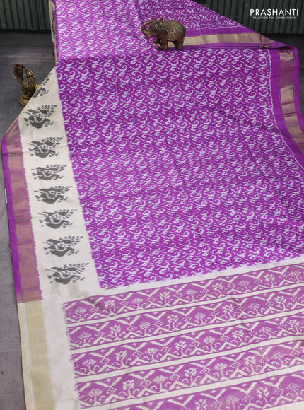 Pochampally silk saree purple and cream with allover ikat weaves and long ikat woven zari border