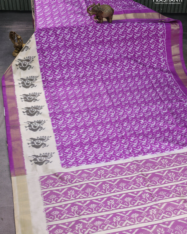 Pochampally silk saree purple and cream with allover ikat weaves and long ikat woven zari border