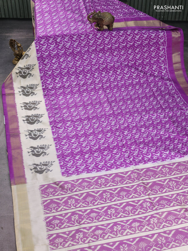 Pochampally silk saree purple and cream with allover ikat weaves and long ikat woven zari border