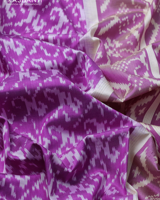 Pochampally silk saree purple and cream with allover ikat weaves and long ikat woven zari border