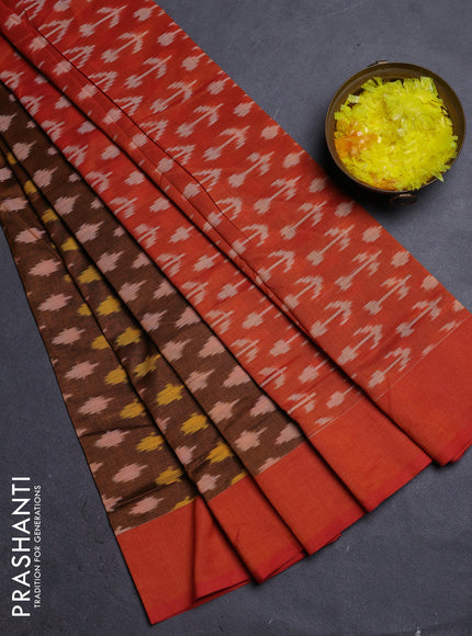 Ikat cotton saree dark mustard and dual shade of orange with allover ikat butta weaves and simple border