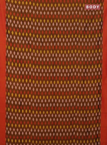 Ikat cotton saree dark mustard and dual shade of orange with allover ikat butta weaves and simple border