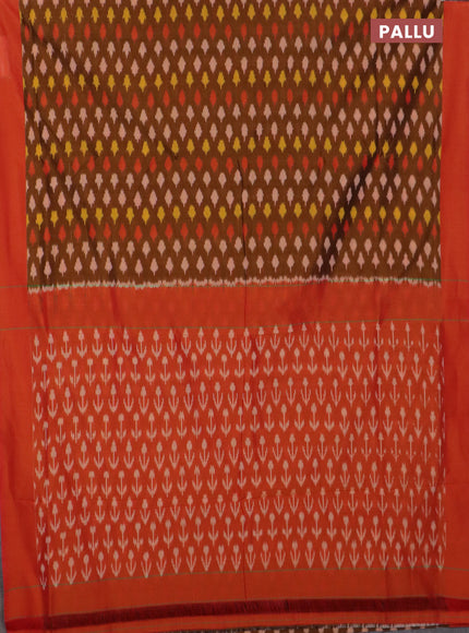 Ikat cotton saree dark mustard and dual shade of orange with allover ikat butta weaves and simple border