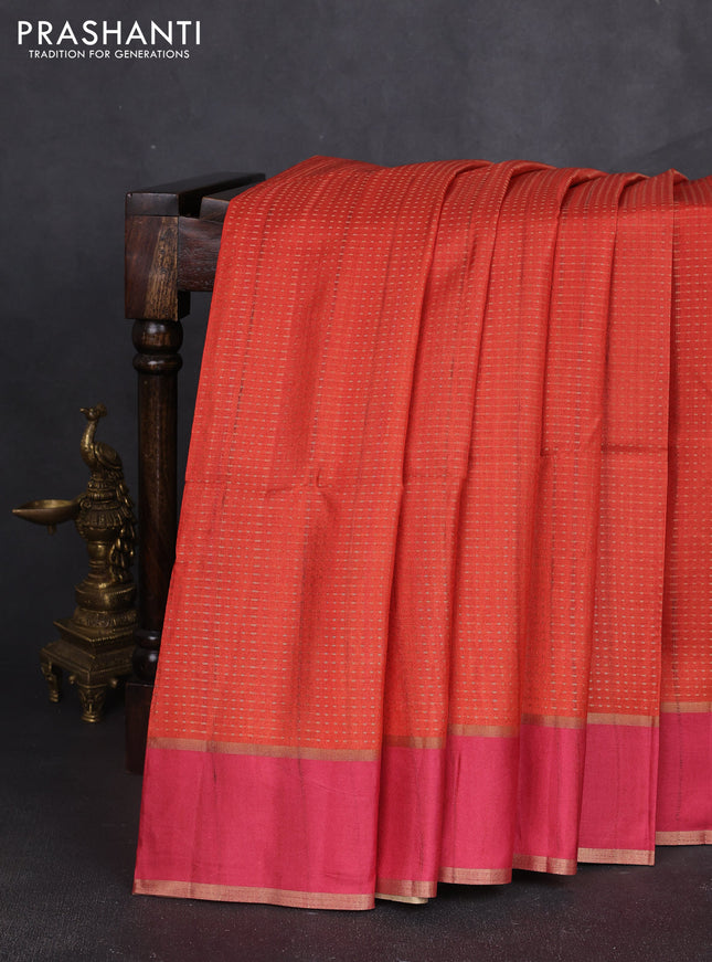 Semi tussar saree orange and pink with allover zari weaves and rettapet zari woven border
