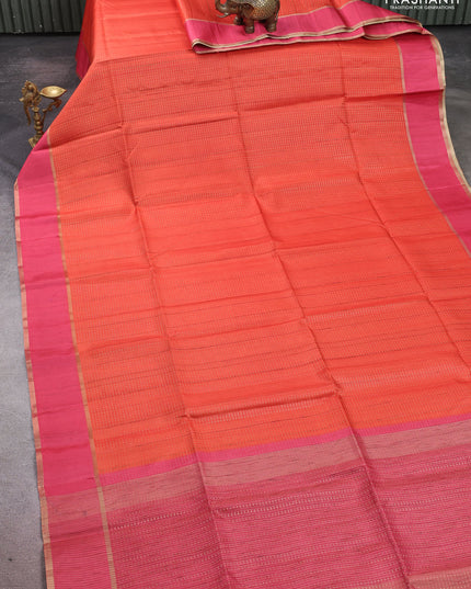 Semi tussar saree orange and pink with allover zari weaves and rettapet zari woven border
