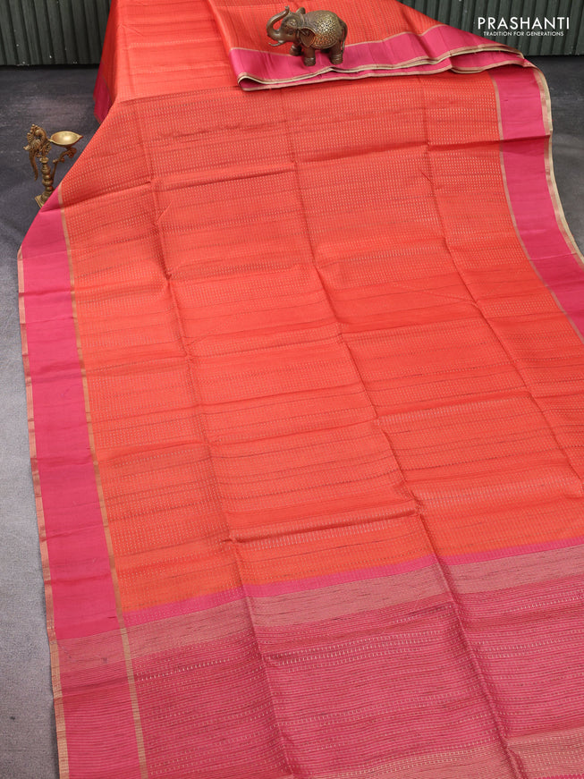 Semi tussar saree orange and pink with allover zari weaves and rettapet zari woven border
