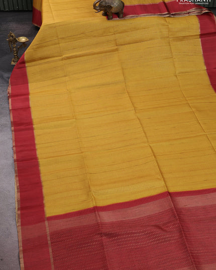 Semi tussar saree yellow and maroon with allover zari weaves and rettapet zari woven border