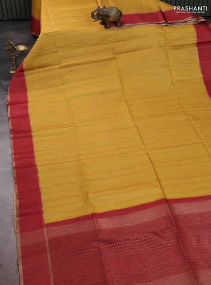 Semi tussar saree yellow and maroon with allover zari weaves and rettapet zari woven border