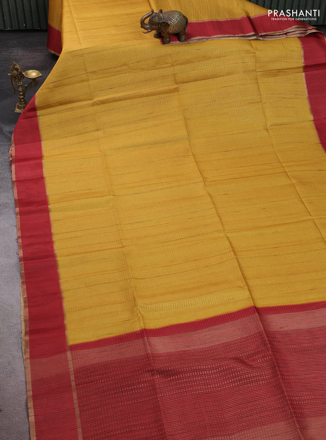 Semi tussar saree yellow and maroon with allover zari weaves and rettapet zari woven border