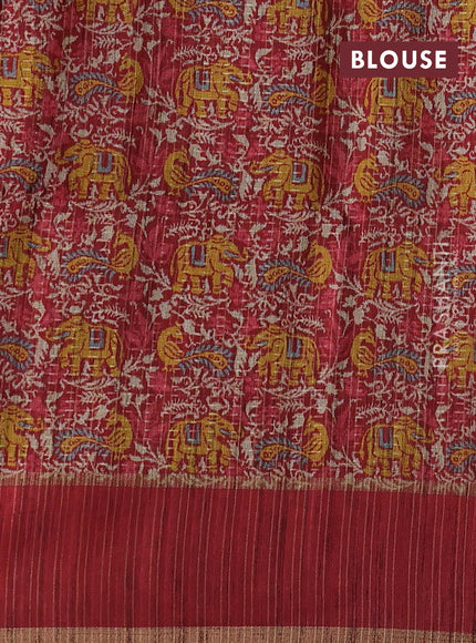 Semi tussar saree yellow and maroon with allover zari weaves and rettapet zari woven border