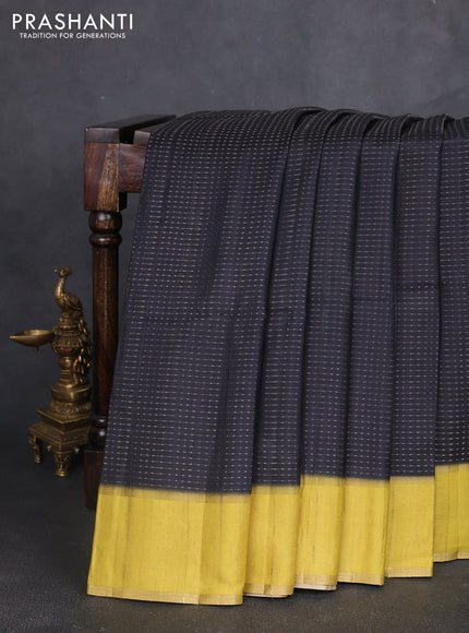 Semi tussar saree black and lime yellow with allover zari weaves and rettapet zari woven border