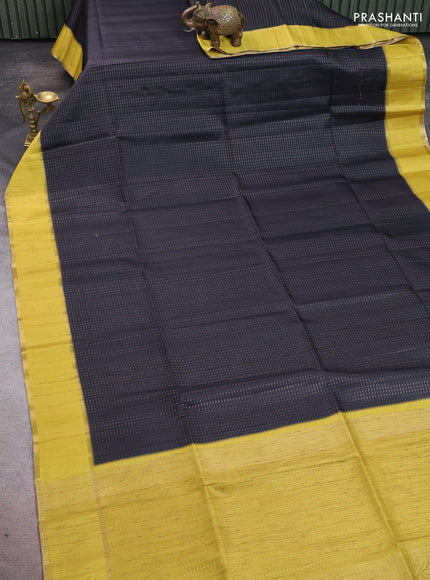 Semi tussar saree black and lime yellow with allover zari weaves and rettapet zari woven border