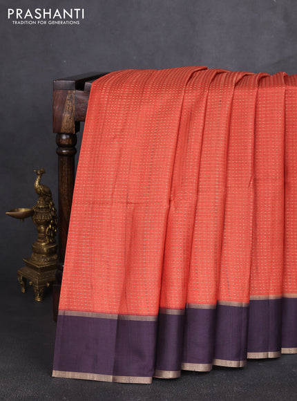Semi tussar saree rust shade and deep purple with allover zari weaves and rettapet zai woven border