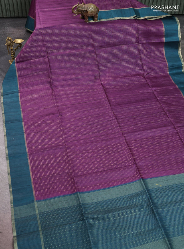 Semi tussar saree purple and peacock green with allover zari weaves and rettapet zari woven border