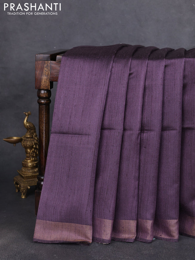 Pure dupion silk saree jamun shade and beige with plain body and madhubani printed pallu